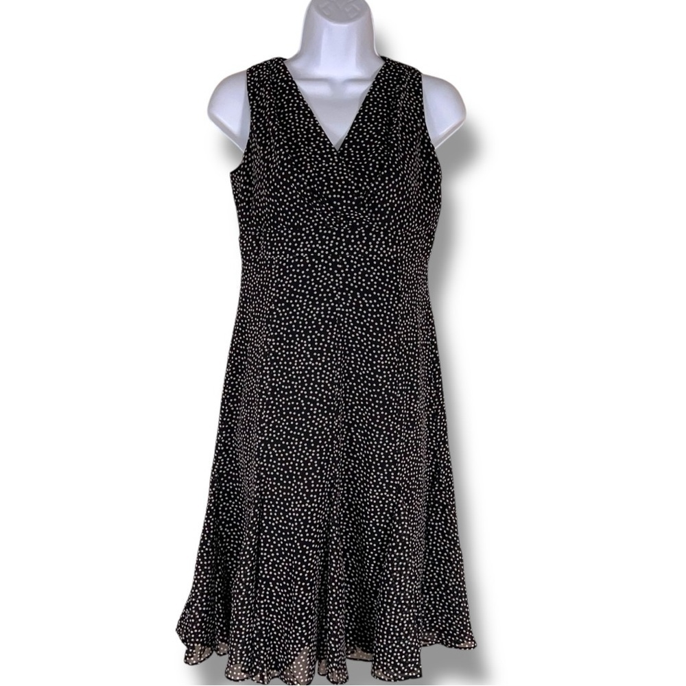 Size 6 Chaps Black White Polka Dot Dress Event Retro Pinup Ruffle Vneck Party